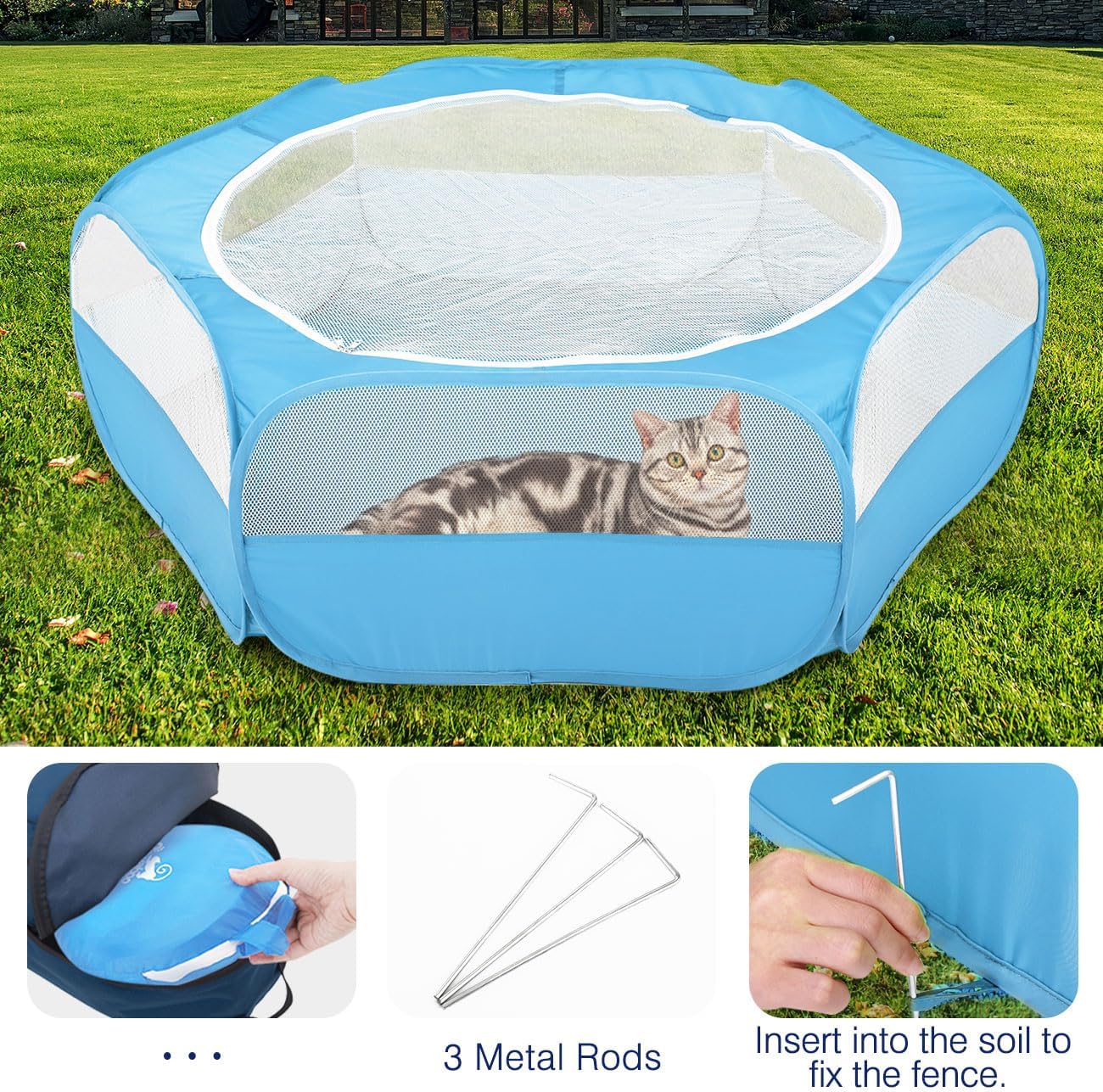 Small Animals Playpen, Waterproof Small Pet Cage Tent with Zippered Cover, Portable Outdoor Yard Fence with 3 Metal Rod for Chick/Kitten/Puppy/Guinea Pig/Rabbits/Hamster/Chinchillas,Light Gray