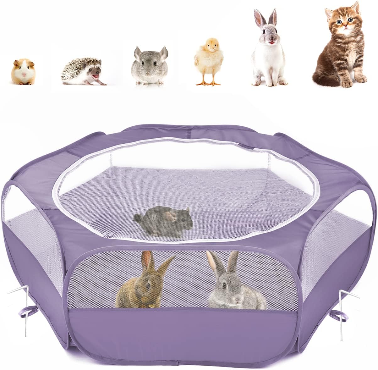 Small Animals Playpen, Waterproof Small Pet Cage Tent with Zippered Cover, Portable Outdoor Yard Fence with 3 Metal Rod for Chick/Kitten/Puppy/Guinea Pig/Rabbits/Hamster/Chinchillas,Light Gray