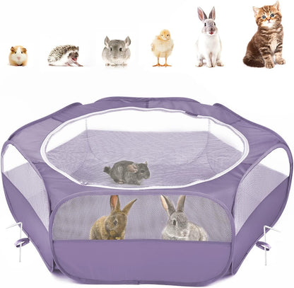 Small Animals Playpen, Waterproof Small Pet Cage Tent with Zippered Cover, Portable Outdoor Yard Fence with 3 Metal Rod for Chick/Kitten/Puppy/Guinea Pig/Rabbits/Hamster/Chinchillas,Light Gray