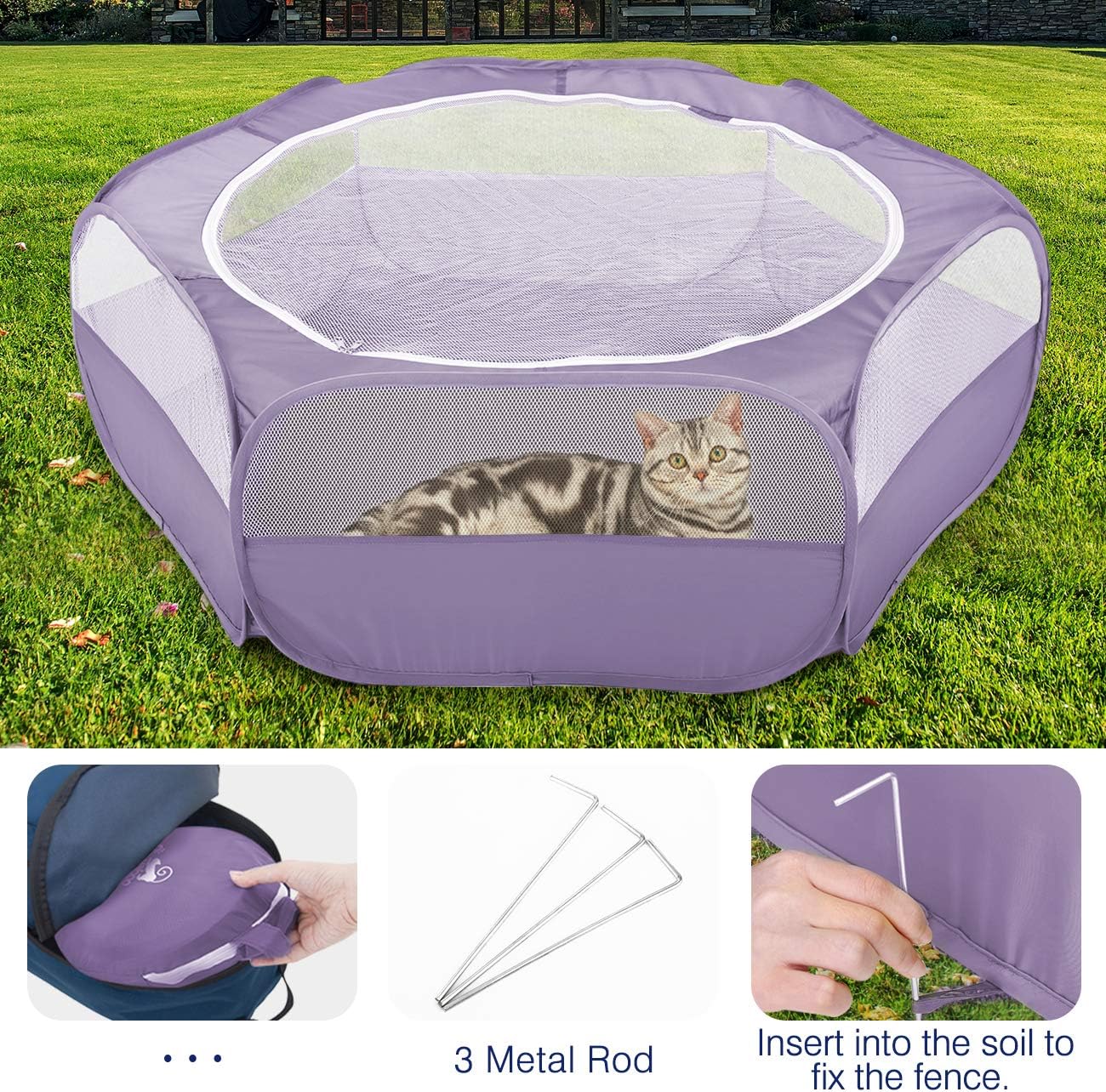 Small Animals Playpen, Waterproof Small Pet Cage Tent with Zippered Cover, Portable Outdoor Yard Fence with 3 Metal Rod for Chick/Kitten/Puppy/Guinea Pig/Rabbits/Hamster/Chinchillas,Light Gray