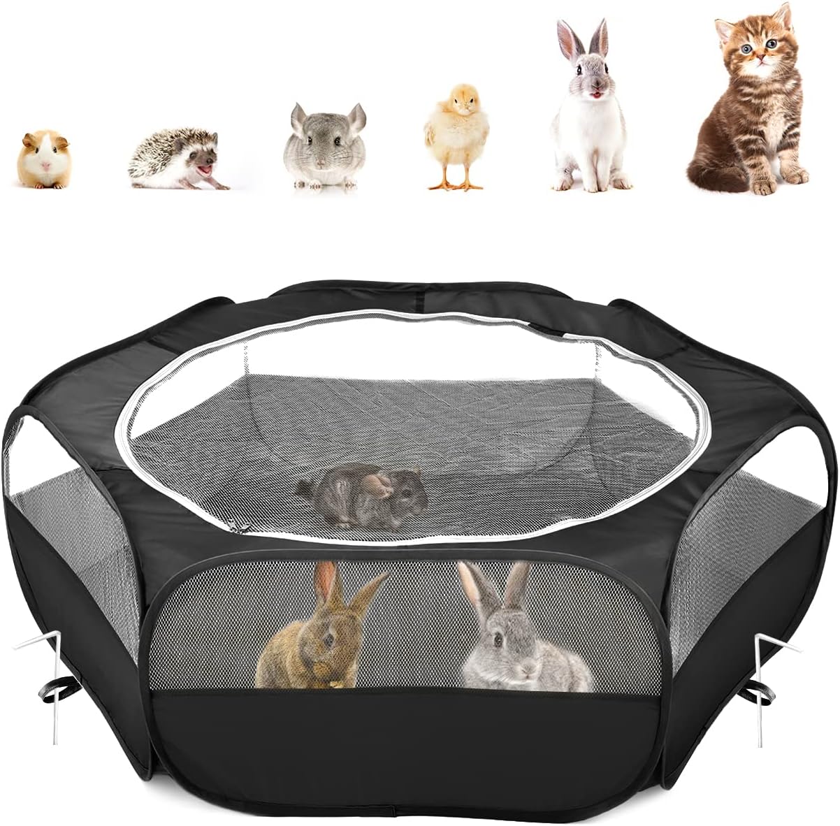 Small Animals Playpen, Waterproof Small Pet Cage Tent with Zippered Cover, Portable Outdoor Yard Fence with 3 Metal Rod for Chick/Kitten/Puppy/Guinea Pig/Rabbits/Hamster/Chinchillas,Light Gray