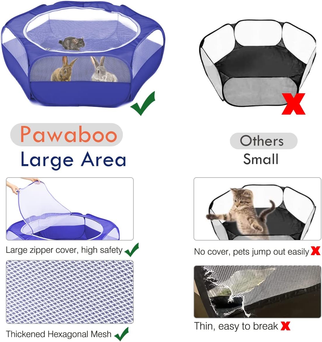 Small Animals Playpen, Waterproof Small Pet Cage Tent with Zippered Cover, Portable Outdoor Yard Fence with 3 Metal Rod for Chick/Kitten/Puppy/Guinea Pig/Rabbits/Hamster/Chinchillas,Light Gray