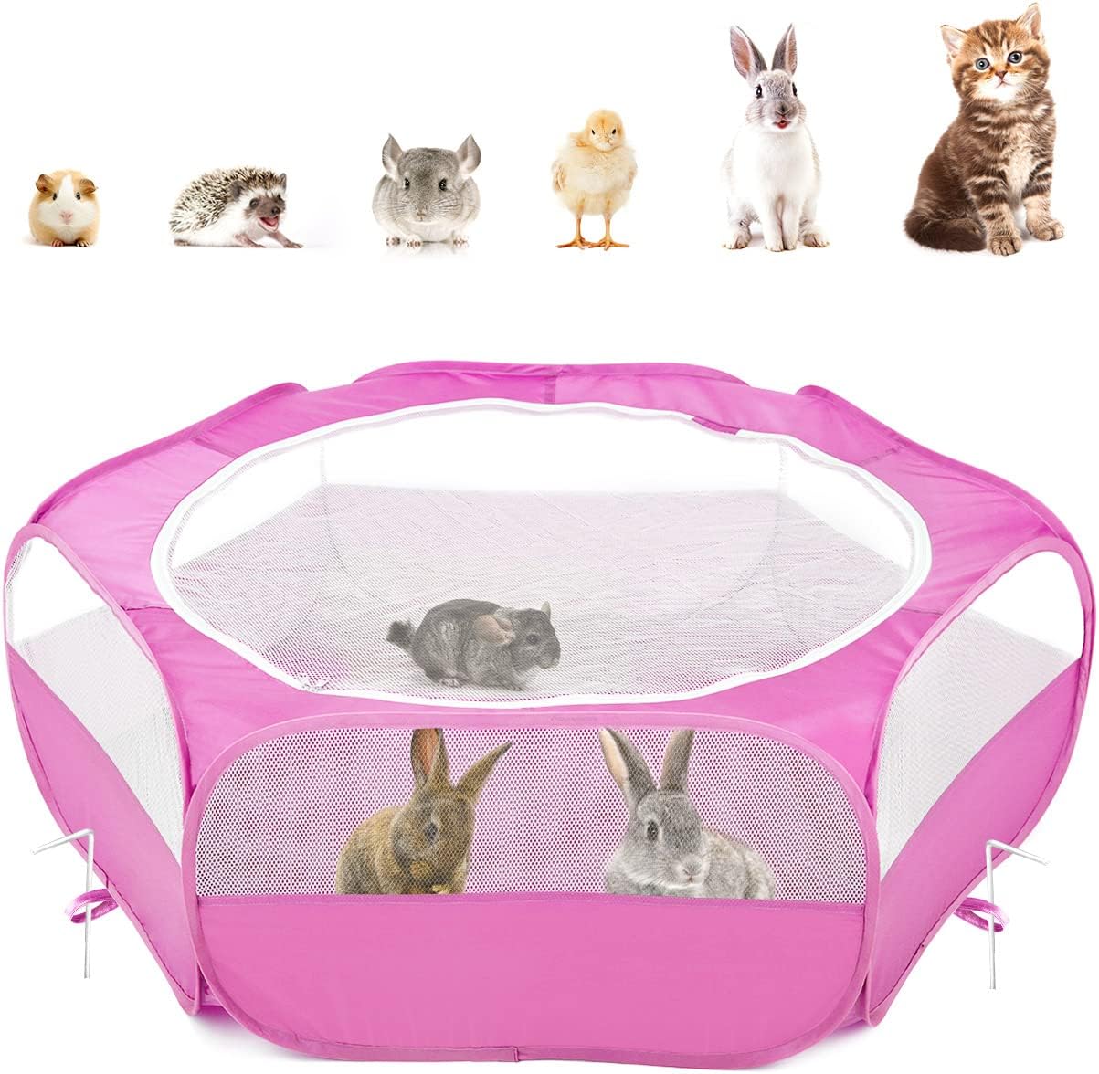 Small Animals Playpen, Waterproof Small Pet Cage Tent with Zippered Cover, Portable Outdoor Yard Fence with 3 Metal Rod for Chick/Kitten/Puppy/Guinea Pig/Rabbits/Hamster/Chinchillas,Light Gray