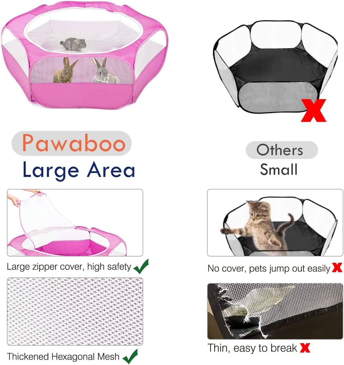 Small Animals Playpen, Waterproof Small Pet Cage Tent with Zippered Cover, Portable Outdoor Yard Fence with 3 Metal Rod for Chick/Kitten/Puppy/Guinea Pig/Rabbits/Hamster/Chinchillas,Light Gray
