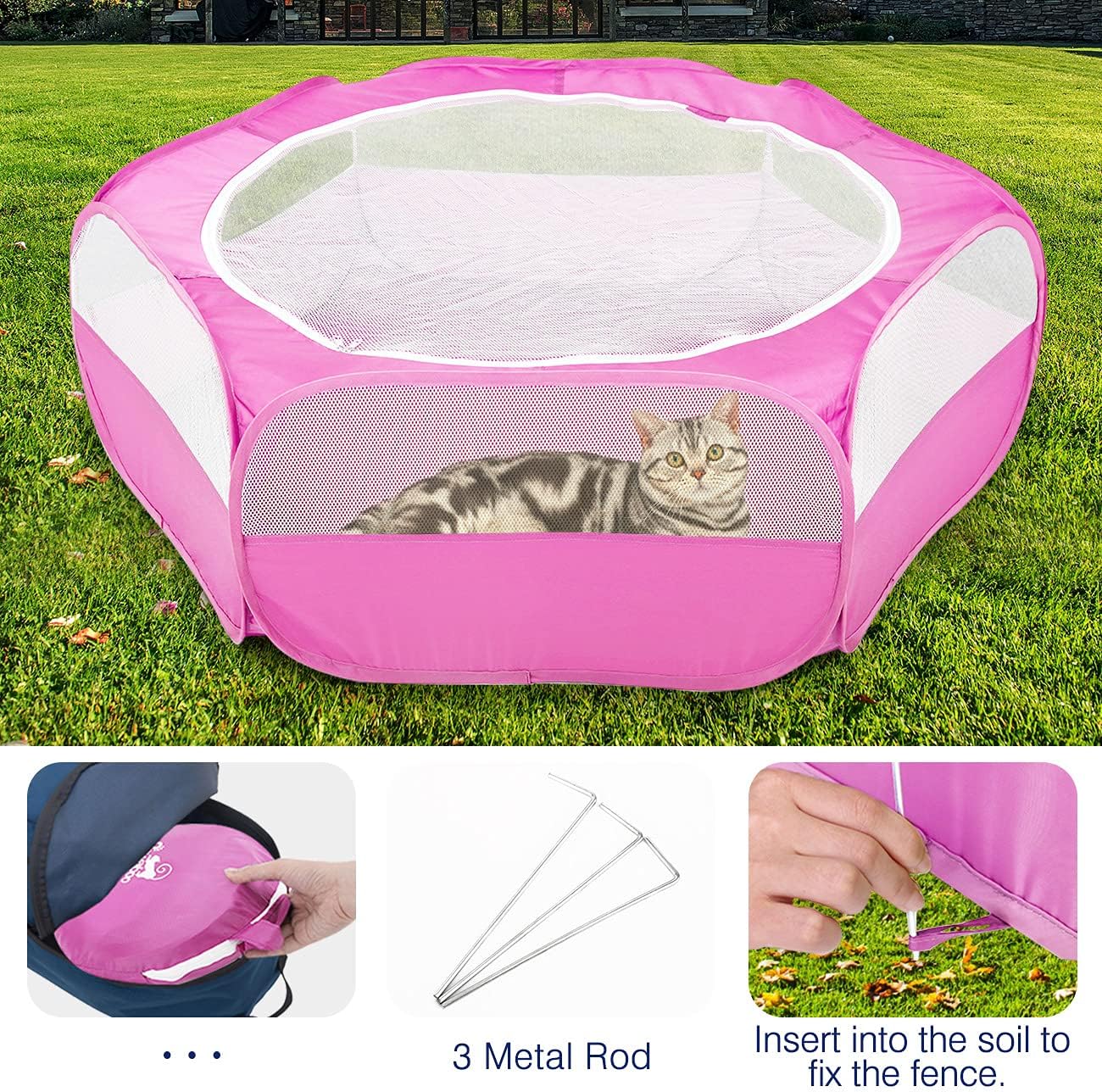 Small Animals Playpen, Waterproof Small Pet Cage Tent with Zippered Cover, Portable Outdoor Yard Fence with 3 Metal Rod for Chick/Kitten/Puppy/Guinea Pig/Rabbits/Hamster/Chinchillas,Light Gray