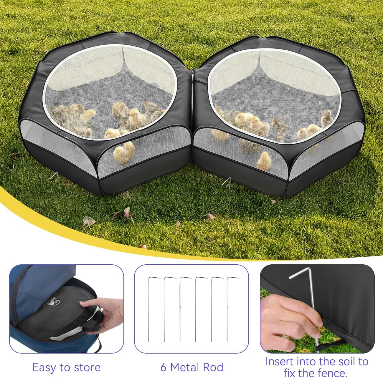 Small Animals Playpen, Waterproof Small Pet Cage Tent with Zippered Cover, Portable Outdoor Yard Fence with 3 Metal Rod for Chick/Kitten/Puppy/Guinea Pig/Rabbits/Hamster/Chinchillas,Light Gray