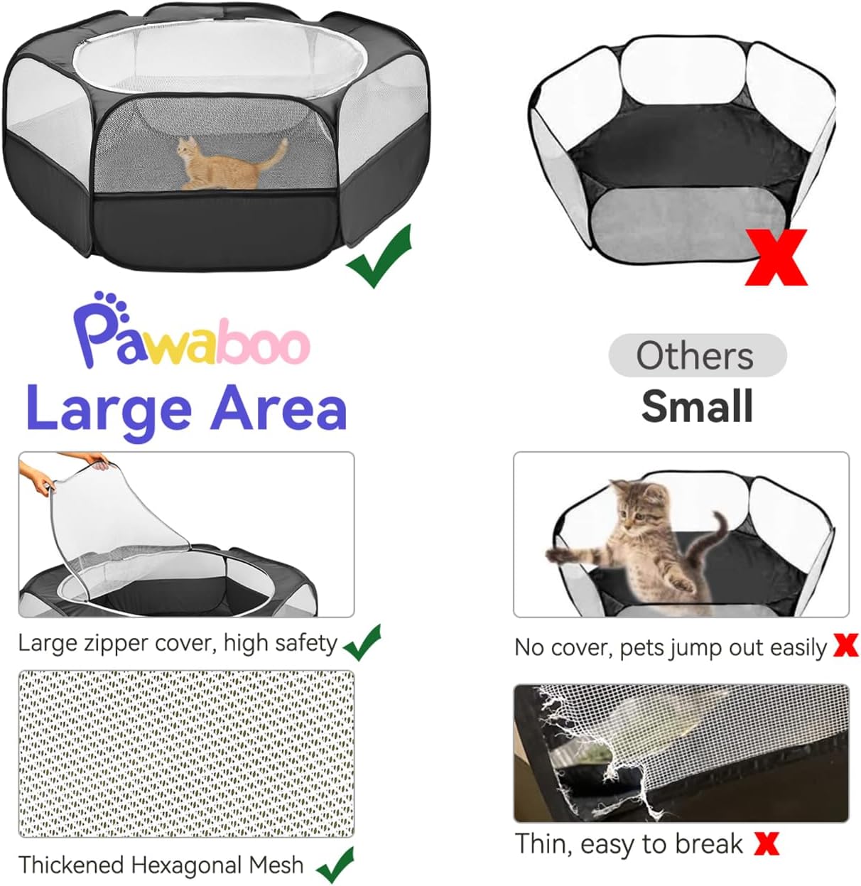 Small Animals Playpen, Waterproof Small Pet Cage Tent with Zippered Cover, Portable Outdoor Yard Fence with 3 Metal Rod for Chick/Kitten/Puppy/Guinea Pig/Rabbits/Hamster/Chinchillas,Light Gray