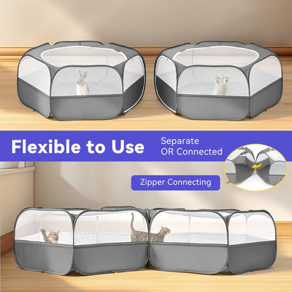 Small Animals Playpen, Waterproof Small Pet Cage Tent with Zippered Cover, Portable Outdoor Yard Fence with 3 Metal Rod for Chick/Kitten/Puppy/Guinea Pig/Rabbits/Hamster/Chinchillas,Light Gray