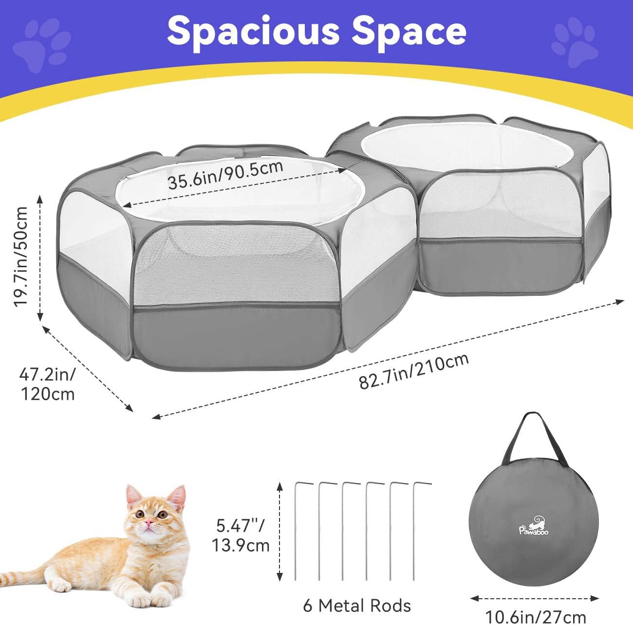 Small Animals Playpen, Waterproof Small Pet Cage Tent with Zippered Cover, Portable Outdoor Yard Fence with 3 Metal Rod for Chick/Kitten/Puppy/Guinea Pig/Rabbits/Hamster/Chinchillas,Light Gray