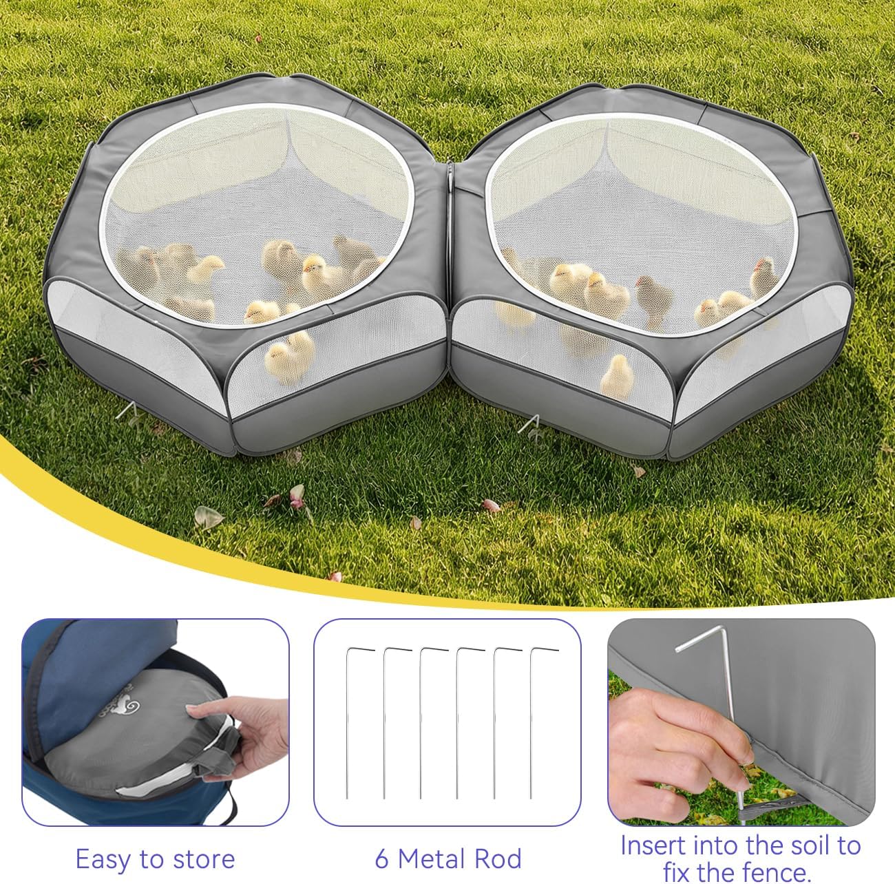 Small Animals Playpen, Waterproof Small Pet Cage Tent with Zippered Cover, Portable Outdoor Yard Fence with 3 Metal Rod for Chick/Kitten/Puppy/Guinea Pig/Rabbits/Hamster/Chinchillas,Light Gray