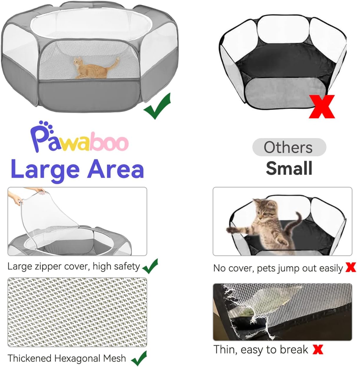 Small Animals Playpen, Waterproof Small Pet Cage Tent with Zippered Cover, Portable Outdoor Yard Fence with 3 Metal Rod for Chick/Kitten/Puppy/Guinea Pig/Rabbits/Hamster/Chinchillas,Light Gray