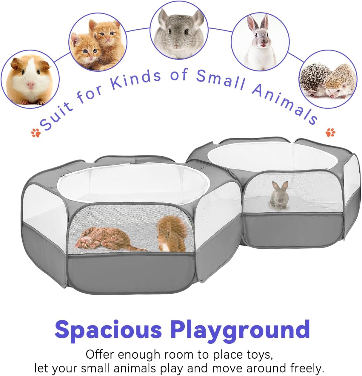 Small Animals Playpen, Waterproof Small Pet Cage Tent with Zippered Cover, Portable Outdoor Yard Fence with 3 Metal Rod for Chick/Kitten/Puppy/Guinea Pig/Rabbits/Hamster/Chinchillas,Light Gray