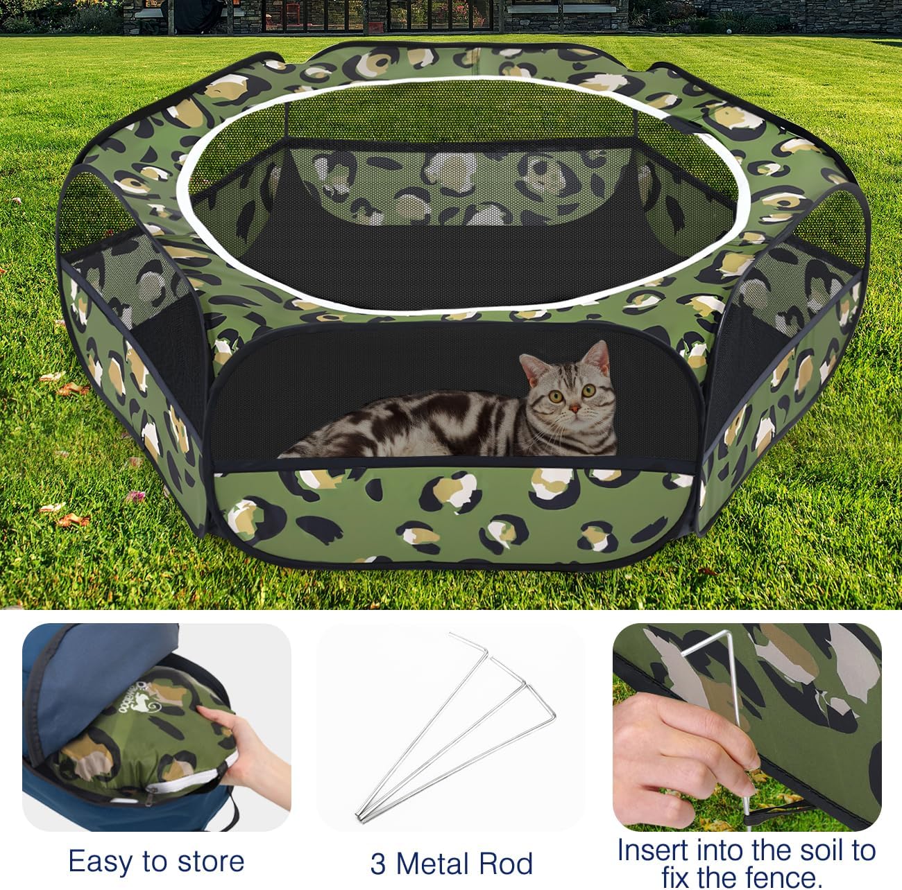 Small Animals Playpen, Waterproof Small Pet Cage Tent with Zippered Cover, Portable Outdoor Yard Fence with 3 Metal Rod for Chick/Kitten/Puppy/Guinea Pig/Rabbits/Hamster/Chinchillas,Light Gray