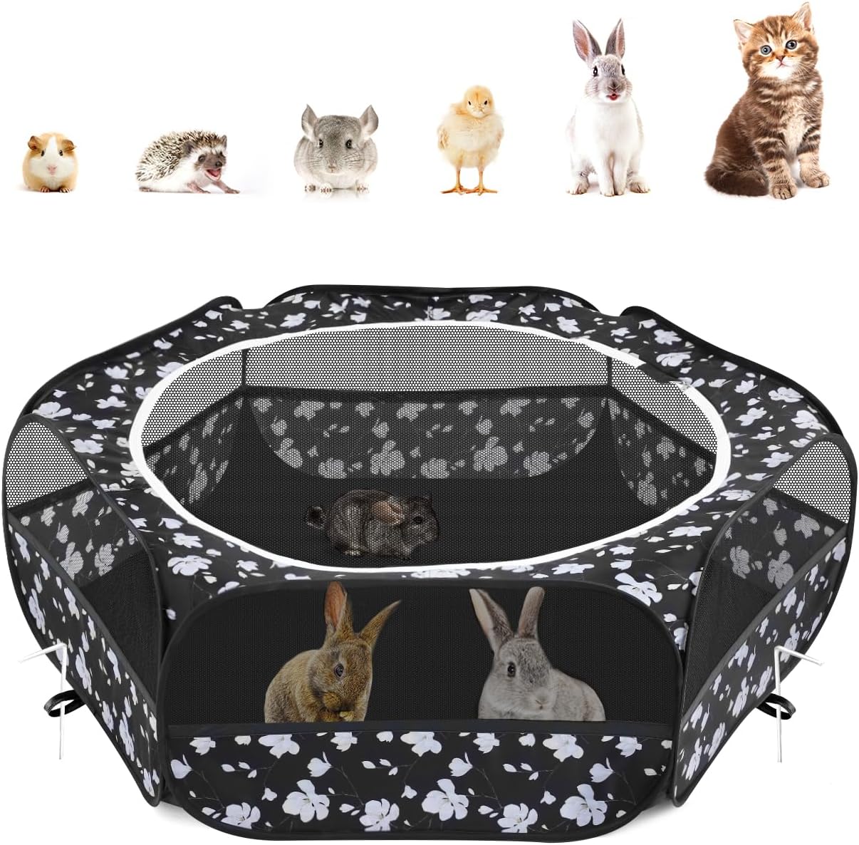 Small Animals Playpen, Waterproof Small Pet Cage Tent with Zippered Cover, Portable Outdoor Yard Fence with 3 Metal Rod for Chick/Kitten/Puppy/Guinea Pig/Rabbits/Hamster/Chinchillas,Light Gray