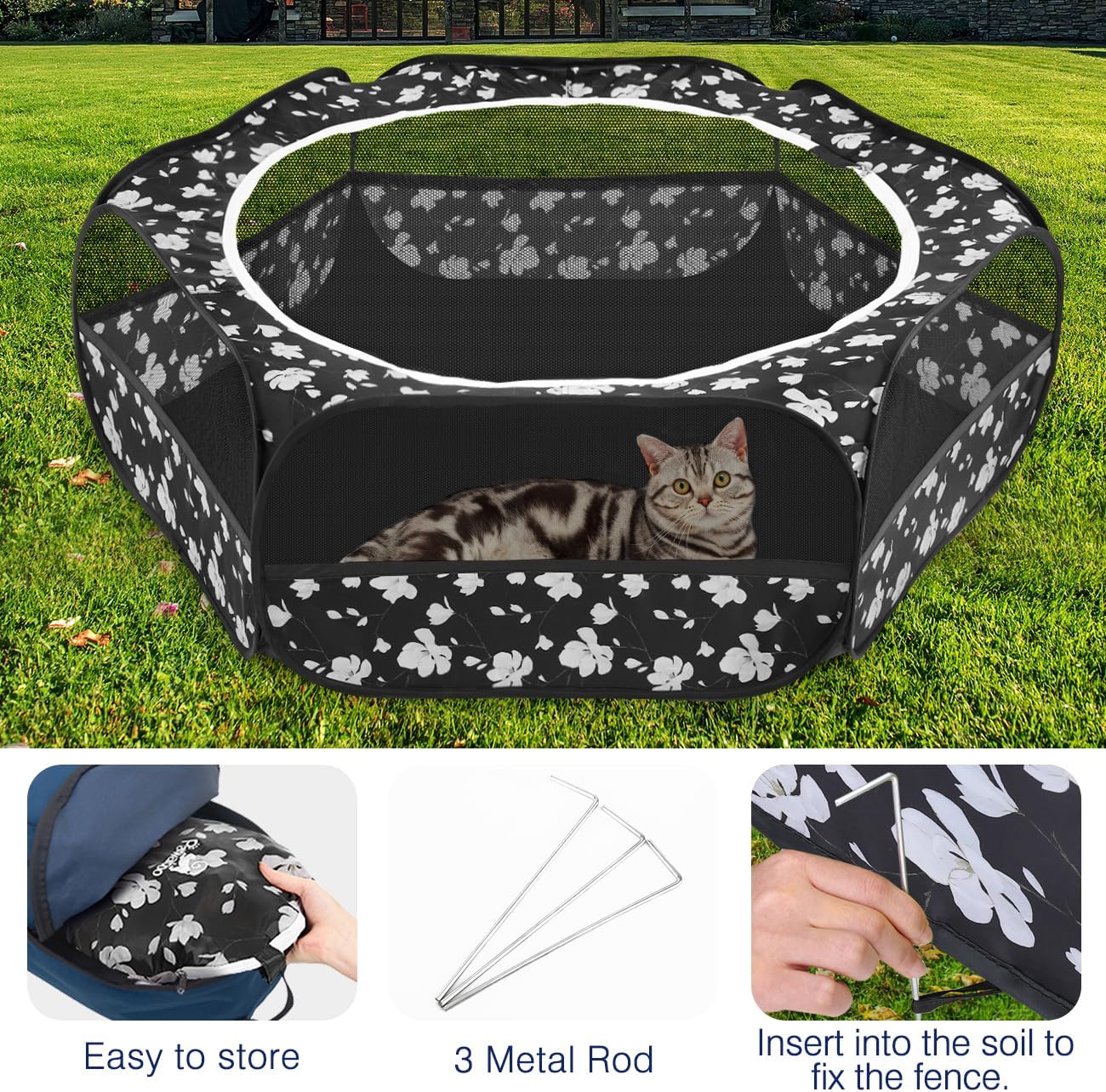 Small Animals Playpen, Waterproof Small Pet Cage Tent with Zippered Cover, Portable Outdoor Yard Fence with 3 Metal Rod for Chick/Kitten/Puppy/Guinea Pig/Rabbits/Hamster/Chinchillas,Light Gray