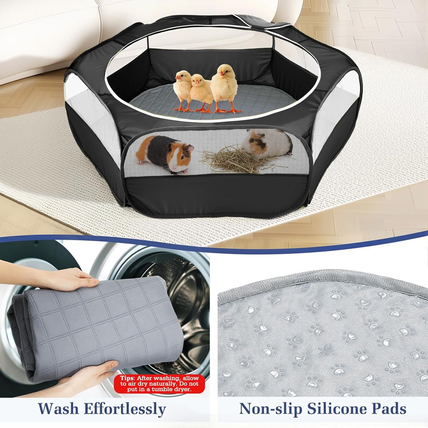 Small Animals Playpen, Waterproof Small Pet Cage Tent with Zippered Cover, Portable Outdoor Yard Fence with 3 Metal Rod for Chick/Kitten/Puppy/Guinea Pig/Rabbits/Hamster/Chinchillas,Light Gray