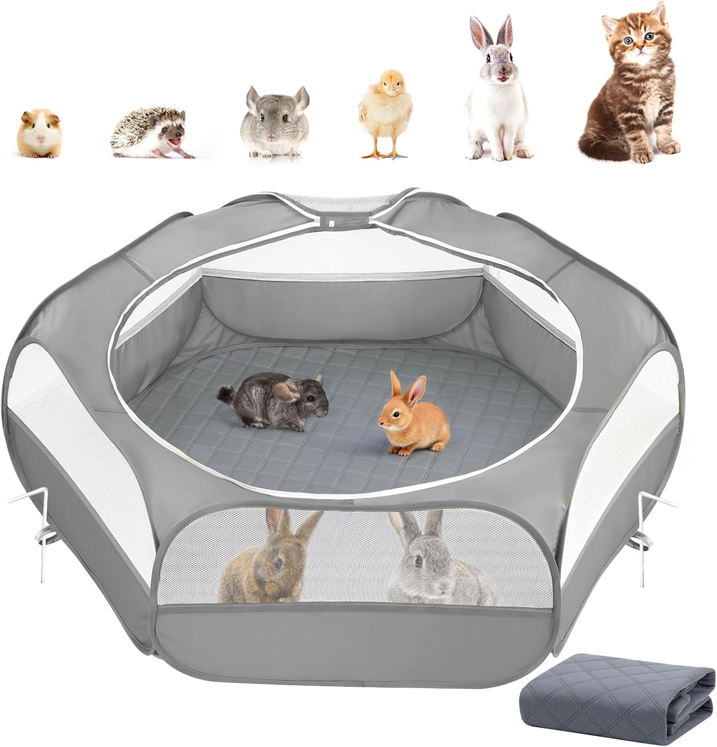 Small Animals Playpen, Waterproof Small Pet Cage Tent with Zippered Cover, Portable Outdoor Yard Fence with 3 Metal Rod for Chick/Kitten/Puppy/Guinea Pig/Rabbits/Hamster/Chinchillas,Light Gray