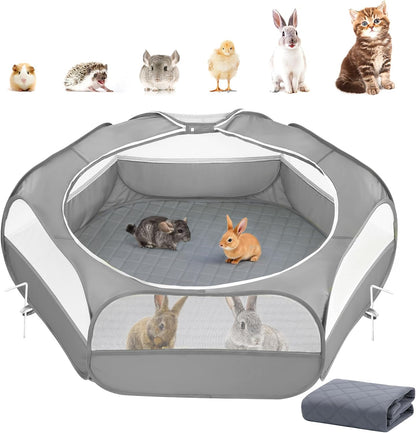 Small Animals Playpen, Waterproof Small Pet Cage Tent with Zippered Cover, Portable Outdoor Yard Fence with 3 Metal Rod for Chick/Kitten/Puppy/Guinea Pig/Rabbits/Hamster/Chinchillas,Light Gray