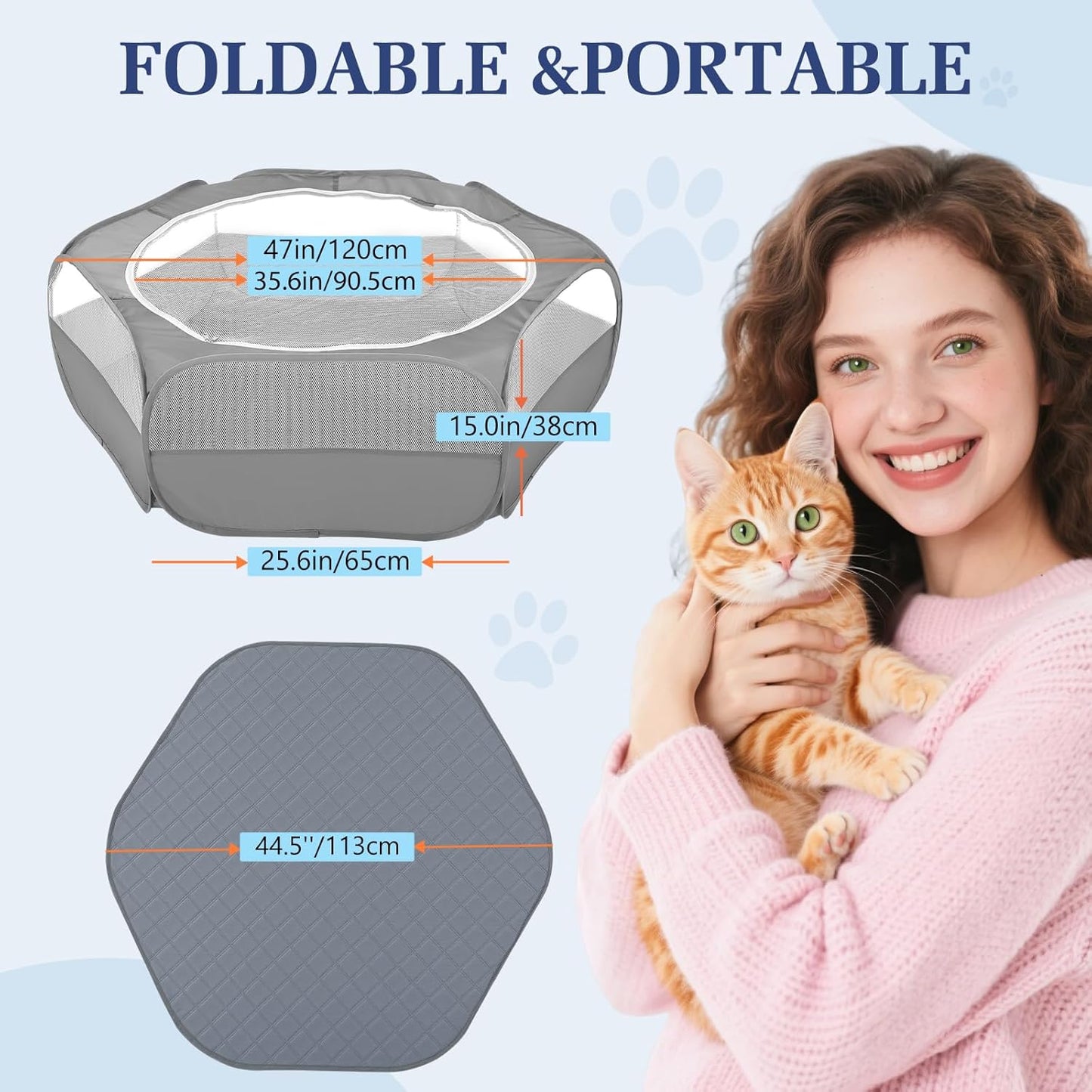 Small Animals Playpen, Waterproof Small Pet Cage Tent with Zippered Cover, Portable Outdoor Yard Fence with 3 Metal Rod for Chick/Kitten/Puppy/Guinea Pig/Rabbits/Hamster/Chinchillas,Light Gray
