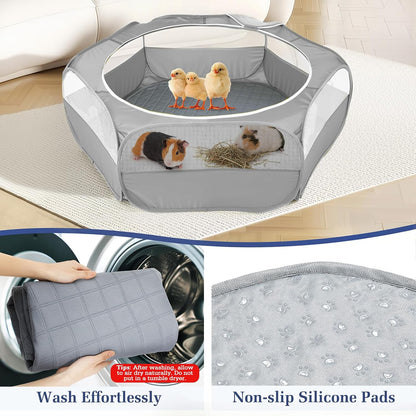 Small Animals Playpen, Waterproof Small Pet Cage Tent with Zippered Cover, Portable Outdoor Yard Fence with 3 Metal Rod for Chick/Kitten/Puppy/Guinea Pig/Rabbits/Hamster/Chinchillas,Light Gray