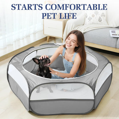 Small Animals Playpen, Waterproof Small Pet Cage Tent with Zippered Cover, Portable Outdoor Yard Fence with 3 Metal Rod for Chick/Kitten/Puppy/Guinea Pig/Rabbits/Hamster/Chinchillas,Light Gray