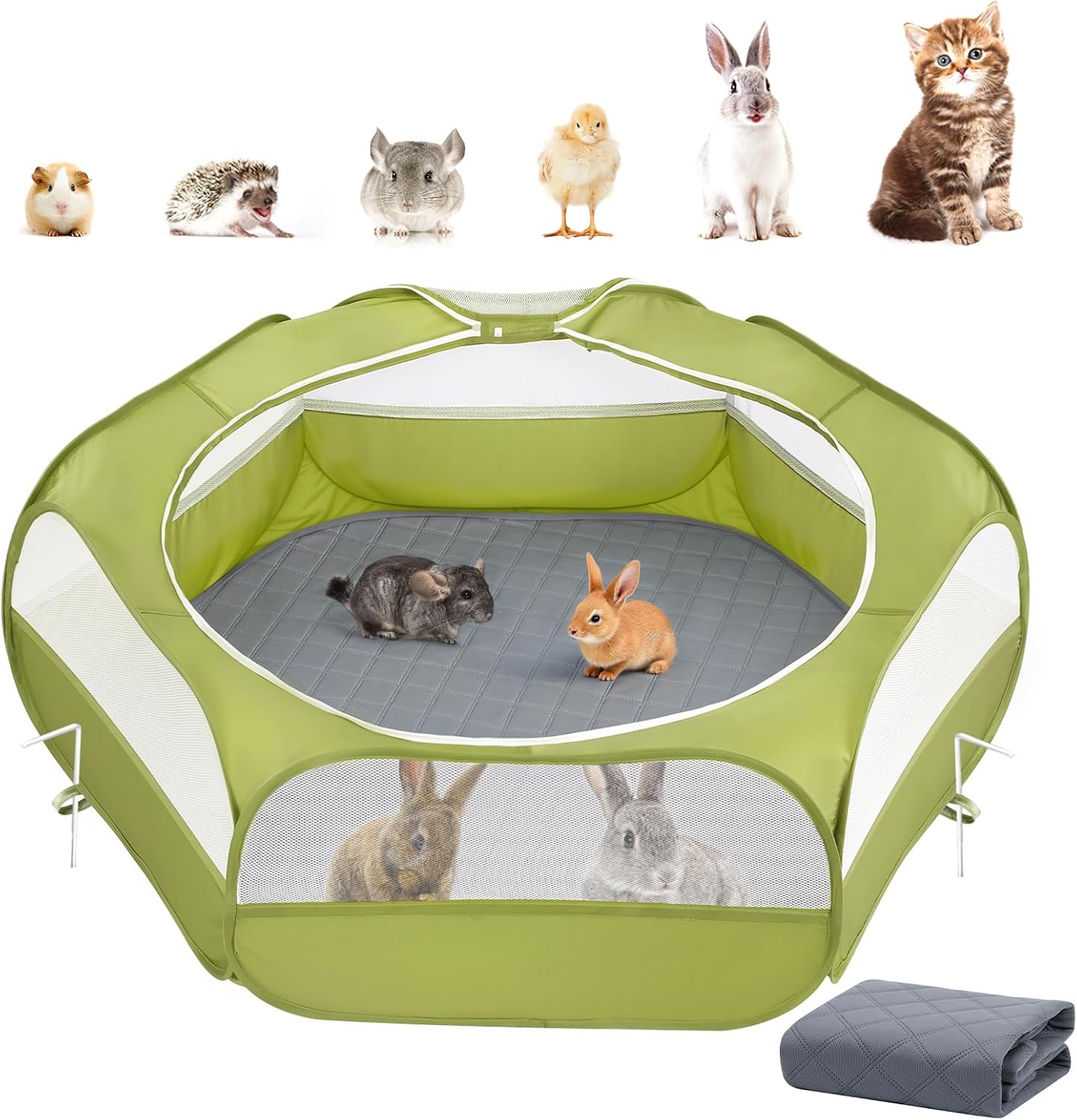 Small Animals Playpen, Waterproof Small Pet Cage Tent with Zippered Cover, Portable Outdoor Yard Fence with 3 Metal Rod for Chick/Kitten/Puppy/Guinea Pig/Rabbits/Hamster/Chinchillas,Light Gray