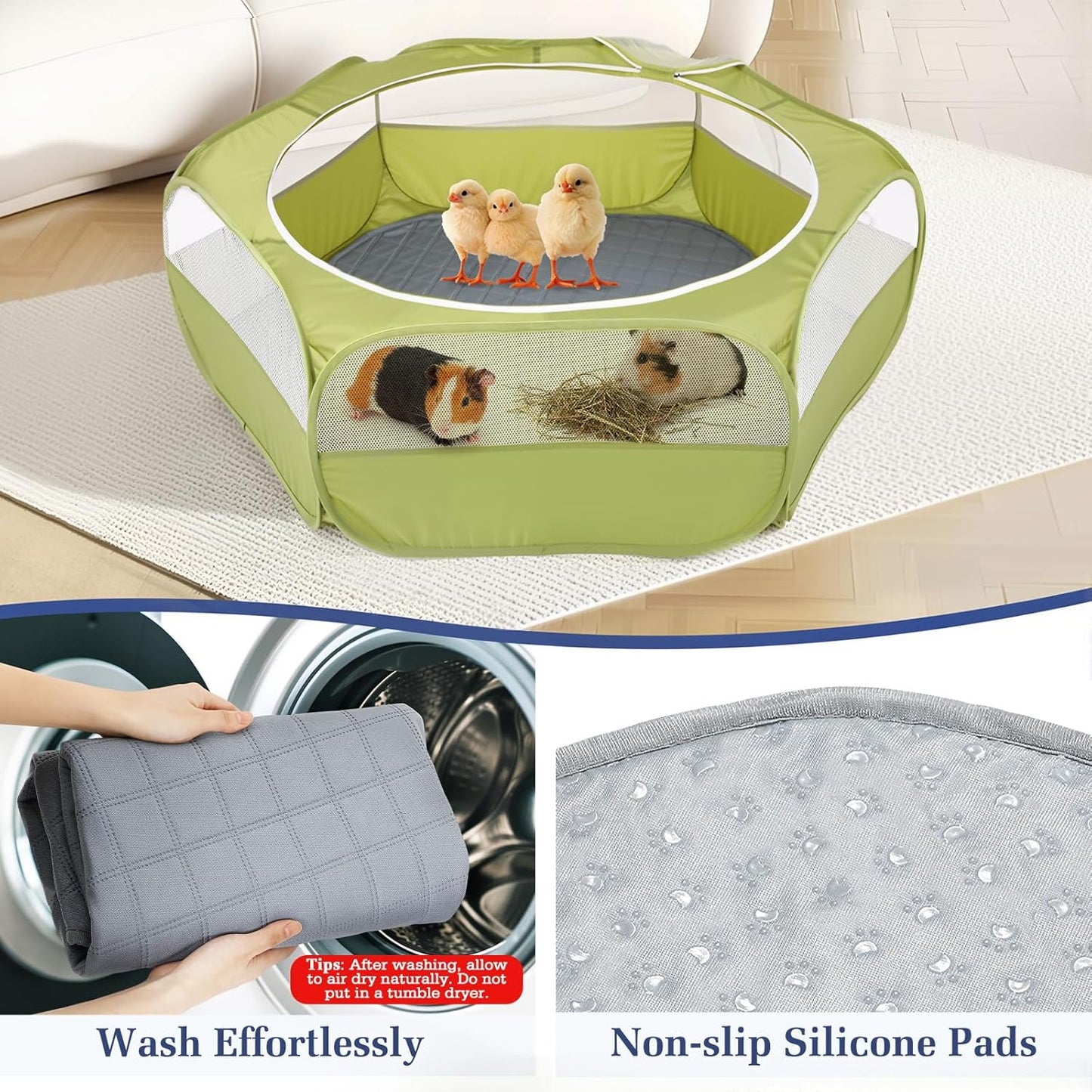 Small Animals Playpen, Waterproof Small Pet Cage Tent with Zippered Cover, Portable Outdoor Yard Fence with 3 Metal Rod for Chick/Kitten/Puppy/Guinea Pig/Rabbits/Hamster/Chinchillas,Light Gray