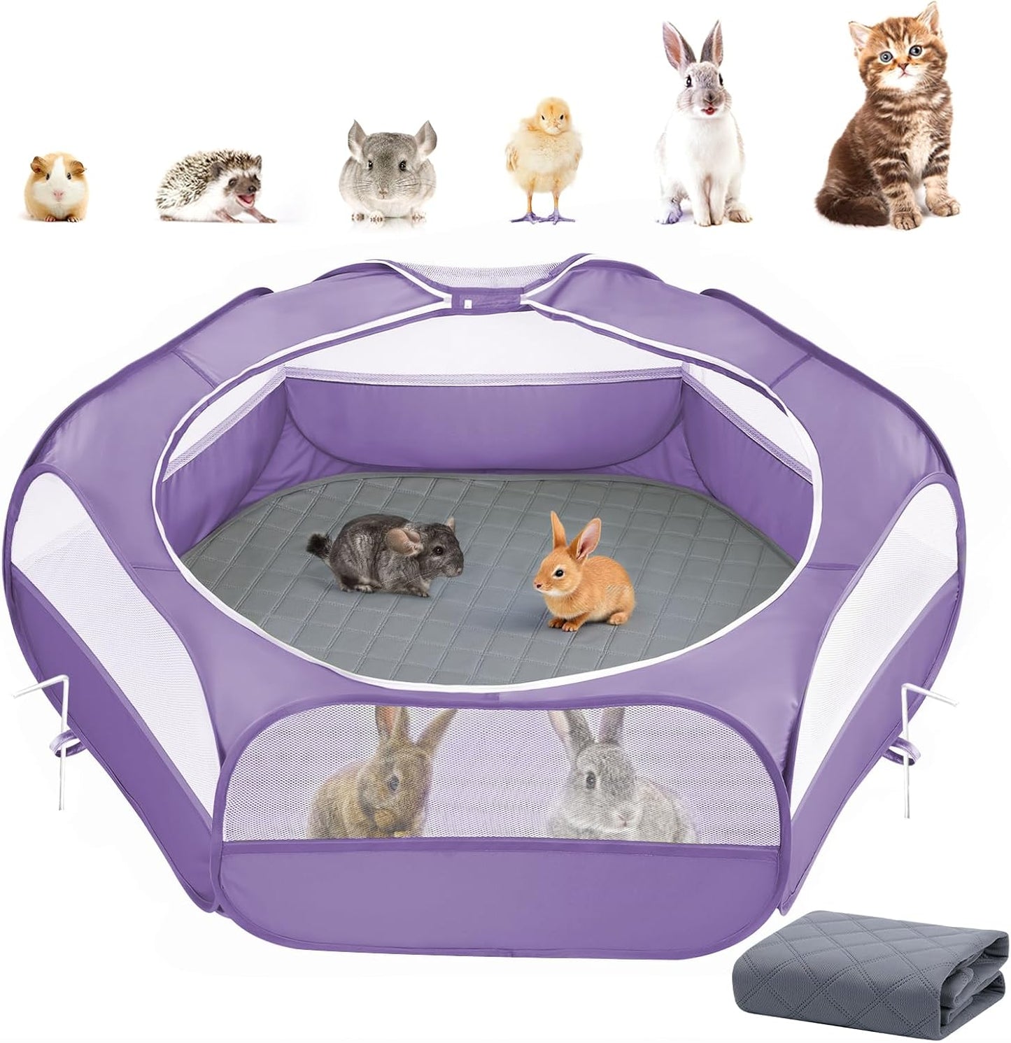 Small Animals Playpen, Waterproof Small Pet Cage Tent with Zippered Cover, Portable Outdoor Yard Fence with 3 Metal Rod for Chick/Kitten/Puppy/Guinea Pig/Rabbits/Hamster/Chinchillas,Light Gray