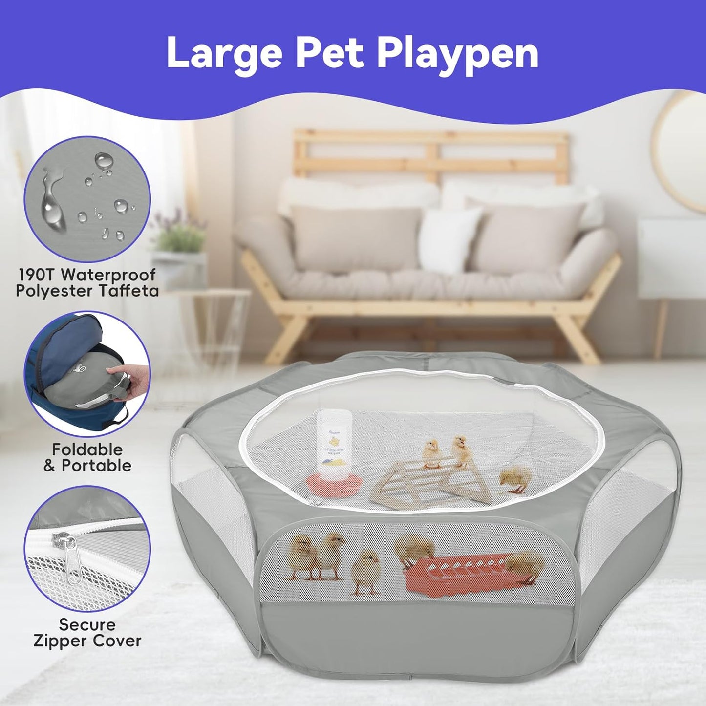 Small Animals Playpen, Waterproof Small Pet Cage Tent with Zippered Cover, Portable Outdoor Yard Fence with 3 Metal Rod for Chick/Kitten/Puppy/Guinea Pig/Rabbits/Hamster/Chinchillas,Light Gray