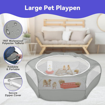 Small Animals Playpen, Waterproof Small Pet Cage Tent with Zippered Cover, Portable Outdoor Yard Fence with 3 Metal Rod for Chick/Kitten/Puppy/Guinea Pig/Rabbits/Hamster/Chinchillas,Light Gray