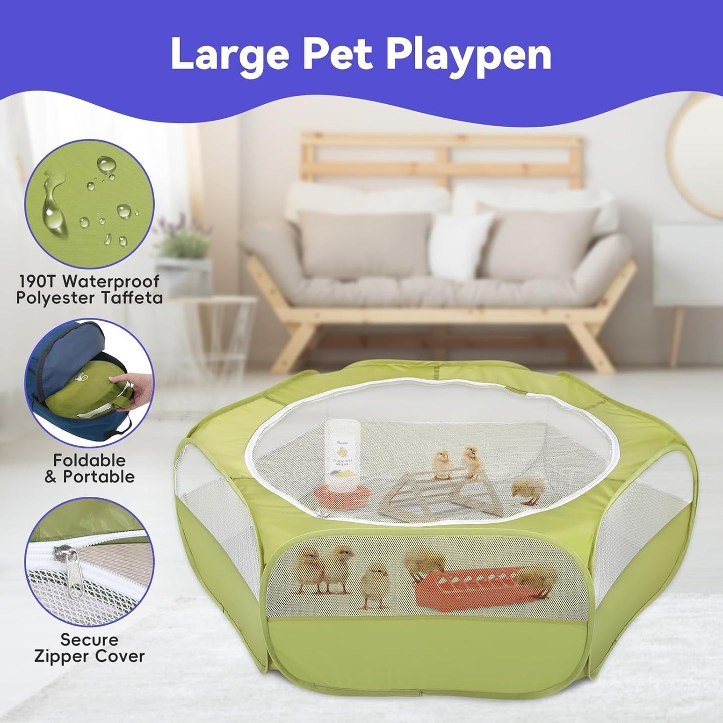 Small Animals Playpen, Waterproof Small Pet Cage Tent with Zippered Cover, Portable Outdoor Yard Fence with 3 Metal Rod for Chick/Kitten/Puppy/Guinea Pig/Rabbits/Hamster/Chinchillas,Light Gray