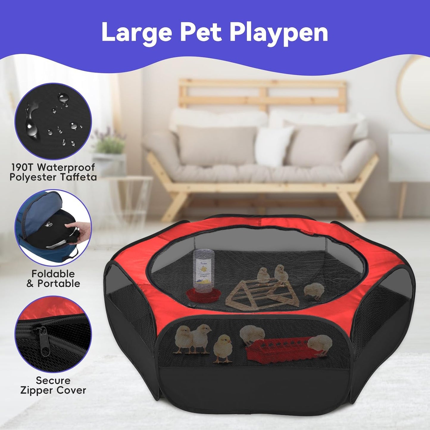 Small Animals Playpen, Waterproof Small Pet Cage Tent with Zippered Cover, Portable Outdoor Yard Fence with 3 Metal Rod for Chick/Kitten/Puppy/Guinea Pig/Rabbits/Hamster/Chinchillas,Light Gray