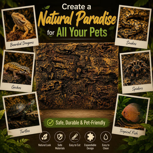 3D Reptile Terrarium Background 17.7x11.8in - PU Foam Rock Wall Backdrop for Bearded Dragon Lizard Gecko Turtle Fish Tank Aquarium Decor
