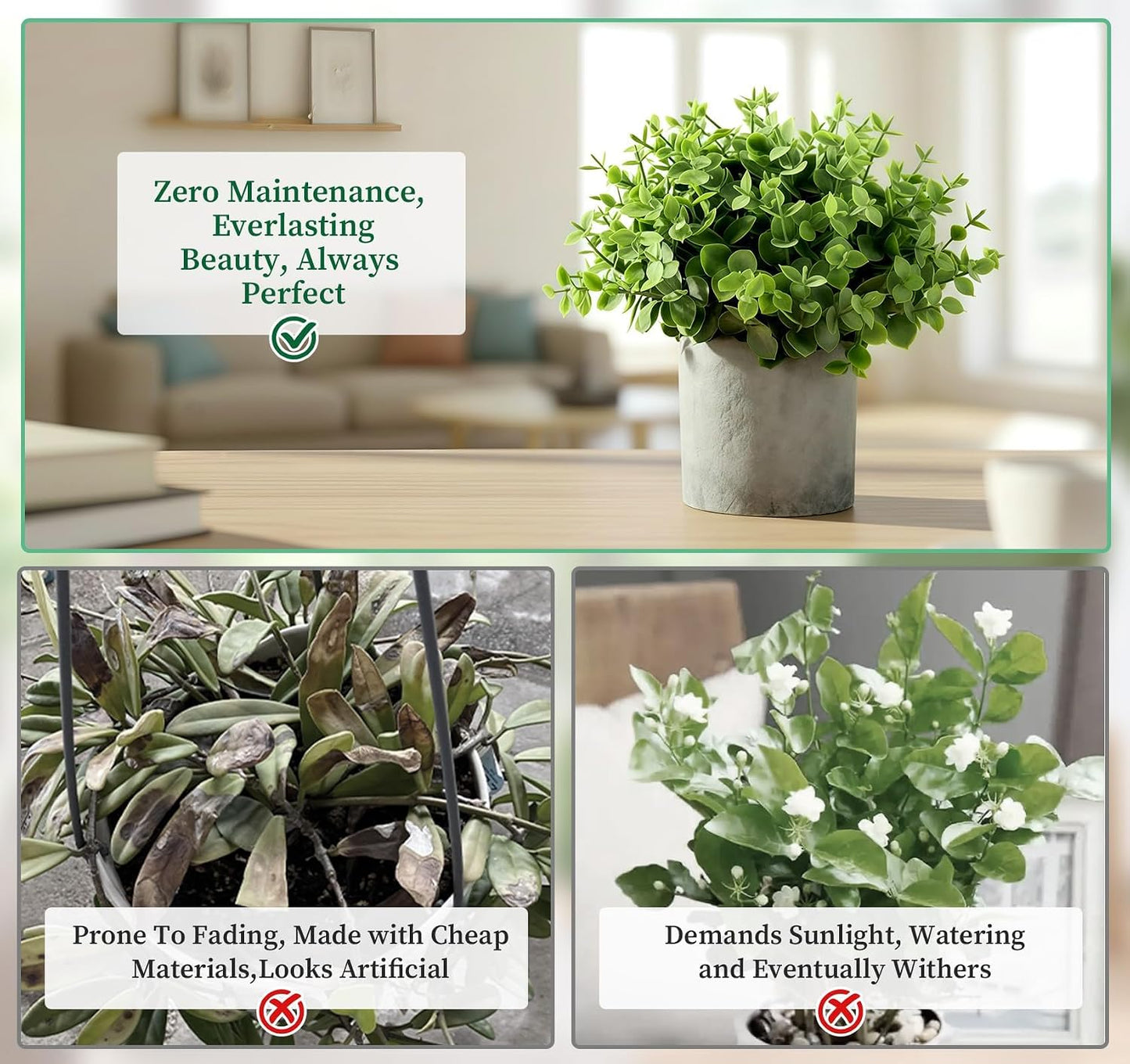Fake Plants,3PCS Artificial Plants Indoor Eucalyptus Desk Decor | Plastic Small Faux Greenery Plants with Pulp Pot for Coffee table Shelves Bathroom Bedroom Centerpiece Decor Plants