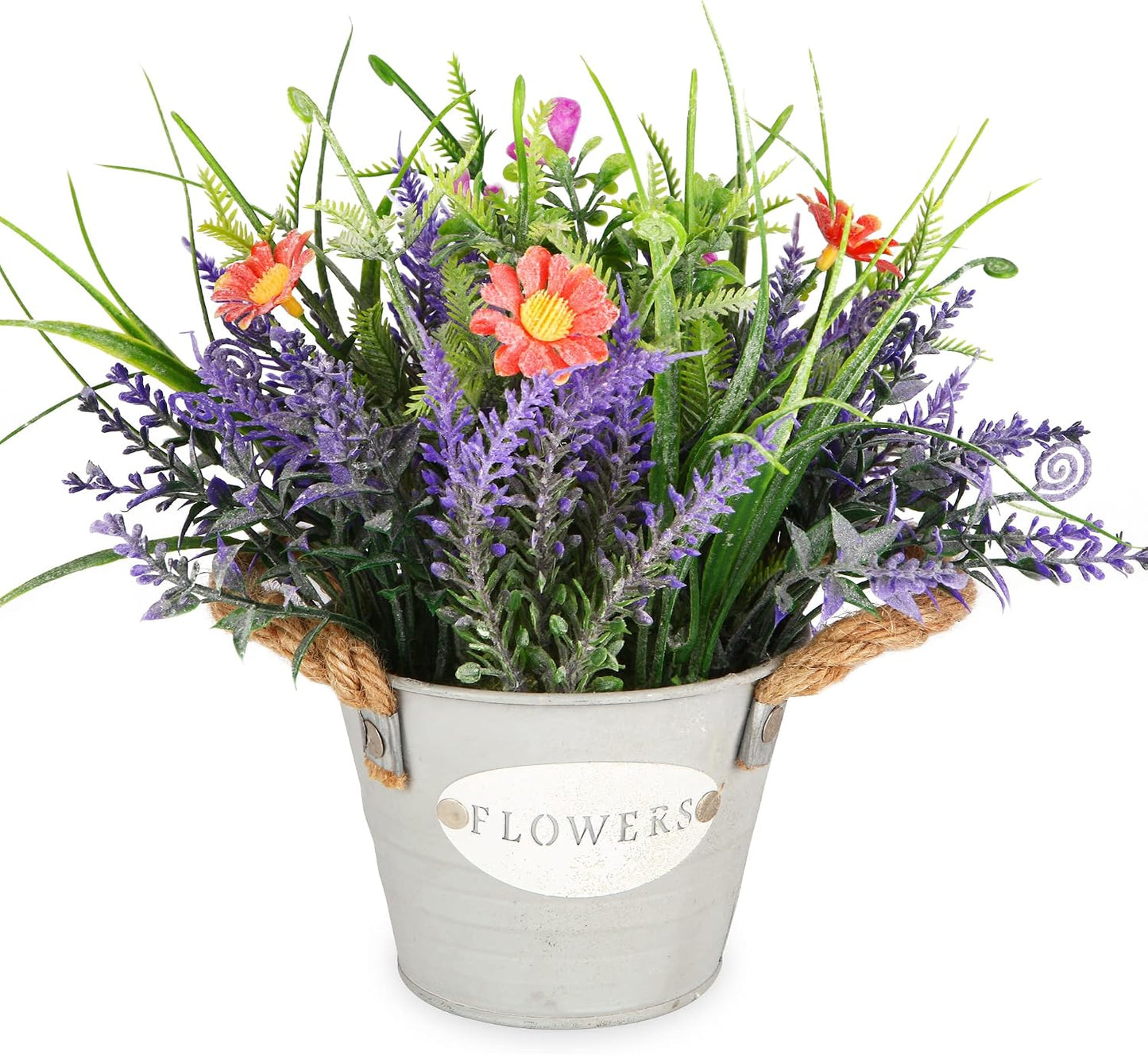 Artificial Lavender Plant 10" Purple Flowers with Orange Daisy in Galvanized Pot - Farmhouse Decor for Home Living Room Bedroom Bathroom Coffee Table