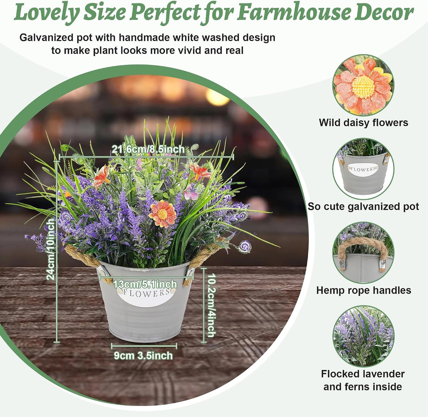 Artificial Lavender Plant 10" Purple Flowers with Orange Daisy in Galvanized Pot - Farmhouse Decor for Home Living Room Bedroom Bathroom Coffee Table