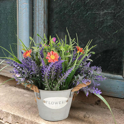 Artificial Lavender Plant 10" Purple Flowers with Orange Daisy in Galvanized Pot - Farmhouse Decor for Home Living Room Bedroom Bathroom Coffee Table