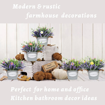 Artificial Lavender Plant 10" Purple Flowers with Orange Daisy in Galvanized Pot - Farmhouse Decor for Home Living Room Bedroom Bathroom Coffee Table