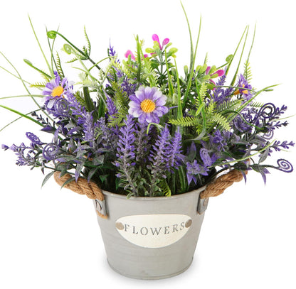 Artificial Lavender Plant 10" Purple Flowers with Orange Daisy in Galvanized Pot - Farmhouse Decor for Home Living Room Bedroom Bathroom Coffee Table