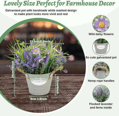 Artificial Lavender Plant 10" Purple Flowers with Orange Daisy in Galvanized Pot - Farmhouse Decor for Home Living Room Bedroom Bathroom Coffee Table