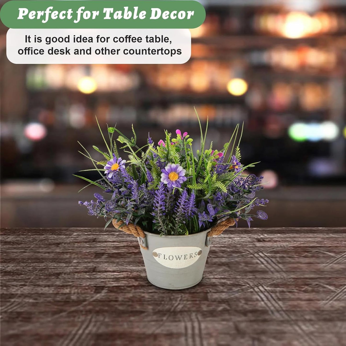 Artificial Lavender Plant 10" Purple Flowers with Orange Daisy in Galvanized Pot - Farmhouse Decor for Home Living Room Bedroom Bathroom Coffee Table