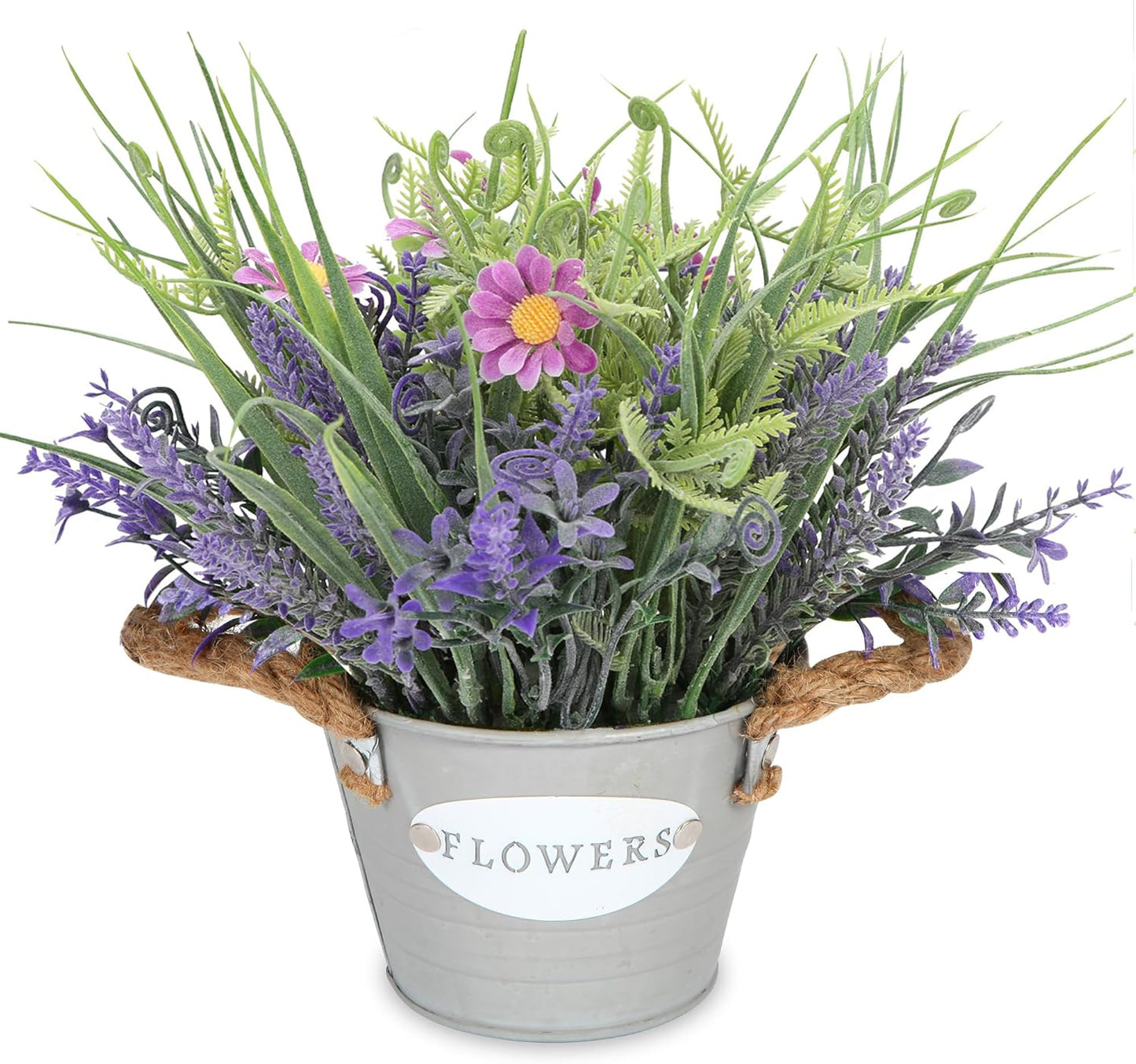 Artificial Lavender Plant 10" Purple Flowers with Orange Daisy in Galvanized Pot - Farmhouse Decor for Home Living Room Bedroom Bathroom Coffee Table
