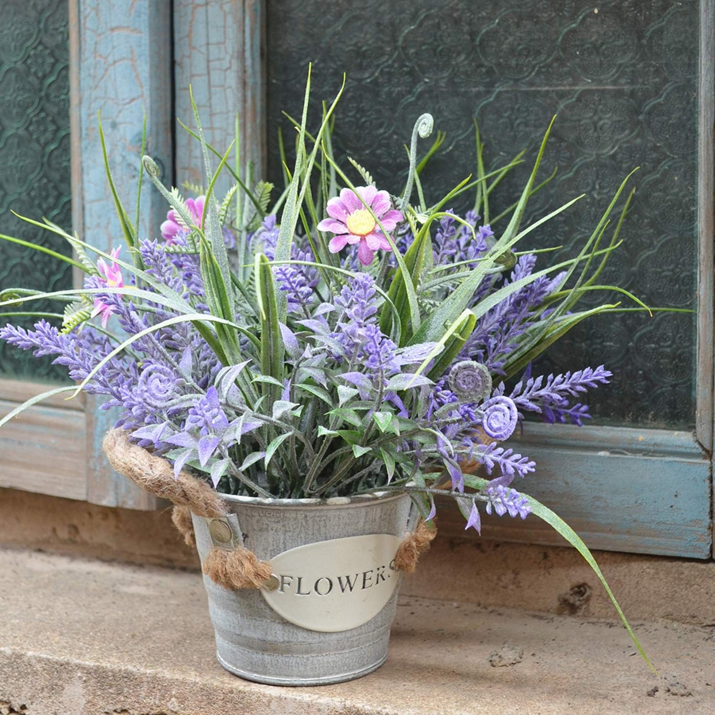 Artificial Lavender Plant 10" Purple Flowers with Orange Daisy in Galvanized Pot - Farmhouse Decor for Home Living Room Bedroom Bathroom Coffee Table