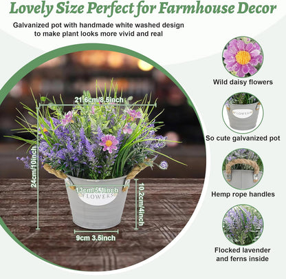 Artificial Lavender Plant 10" Purple Flowers with Orange Daisy in Galvanized Pot - Farmhouse Decor for Home Living Room Bedroom Bathroom Coffee Table