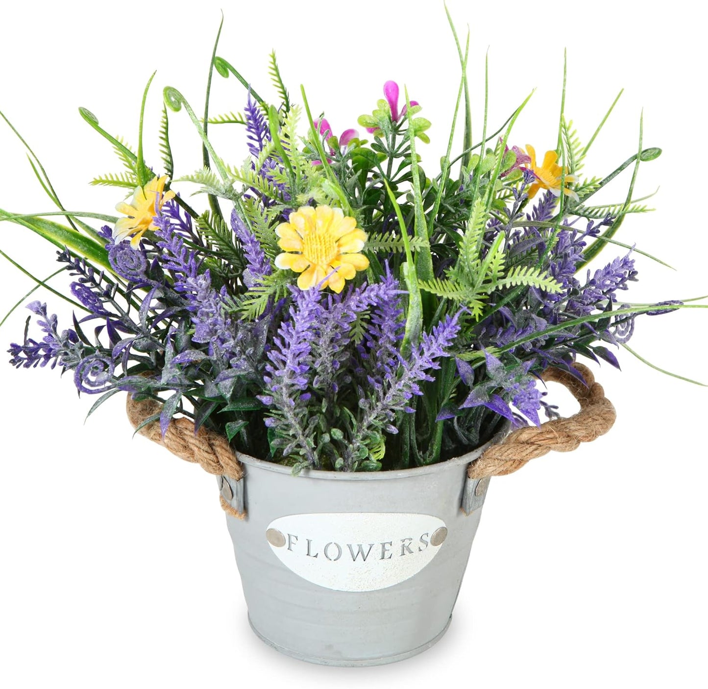 Artificial Lavender Plant 10" Purple Flowers with Orange Daisy in Galvanized Pot - Farmhouse Decor for Home Living Room Bedroom Bathroom Coffee Table