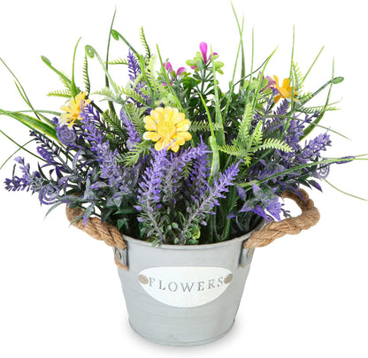 Artificial Lavender Plant 10" Purple Flowers with Orange Daisy in Galvanized Pot - Farmhouse Decor for Home Living Room Bedroom Bathroom Coffee Table