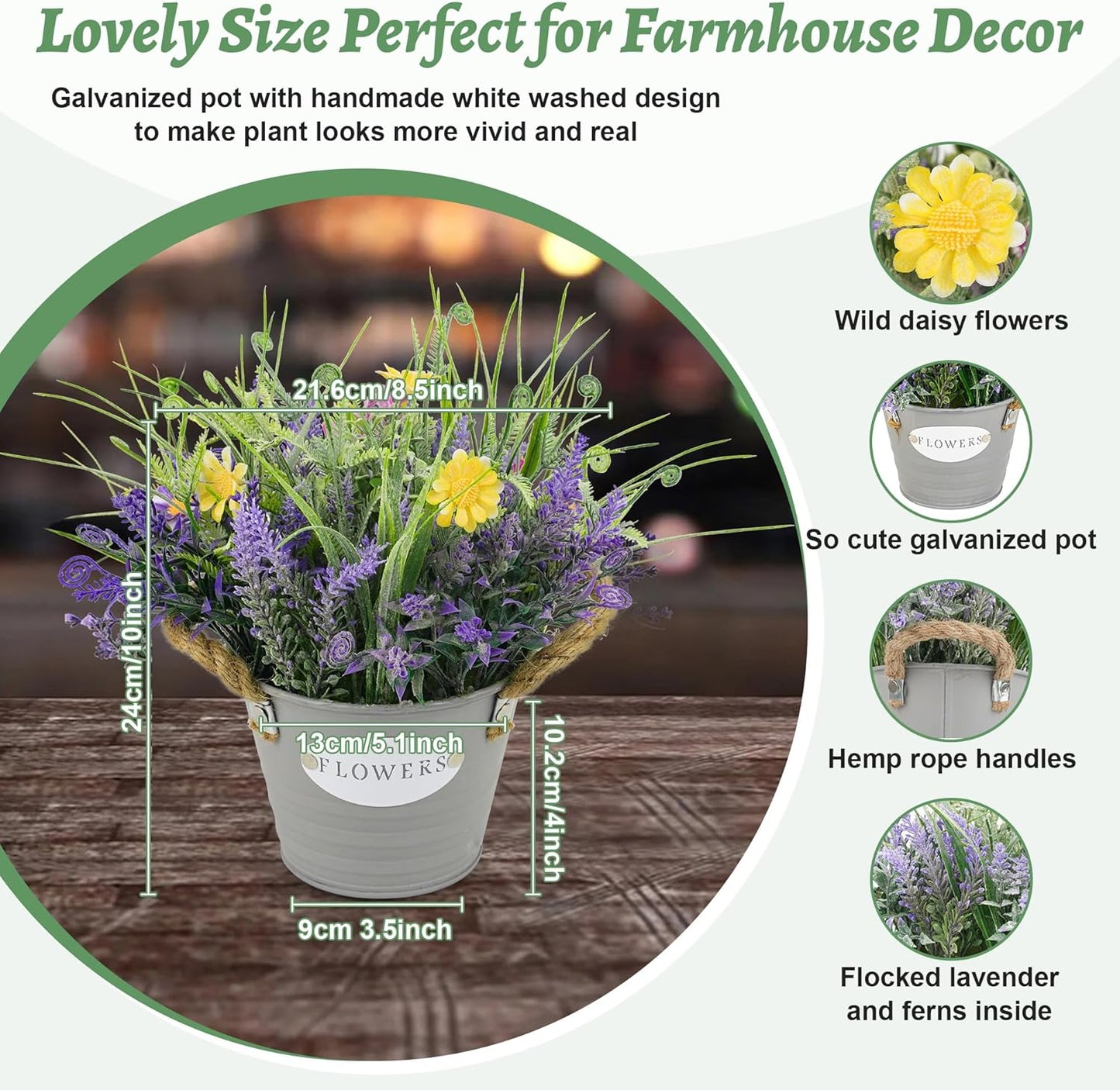 Artificial Lavender Plant 10" Purple Flowers with Orange Daisy in Galvanized Pot - Farmhouse Decor for Home Living Room Bedroom Bathroom Coffee Table