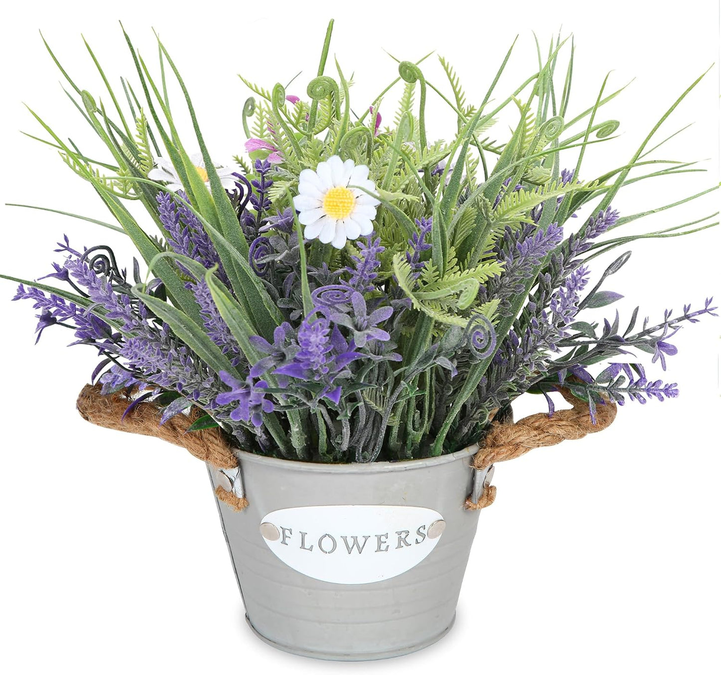 Artificial Lavender Plant 10" Purple Flowers with Orange Daisy in Galvanized Pot - Farmhouse Decor for Home Living Room Bedroom Bathroom Coffee Table