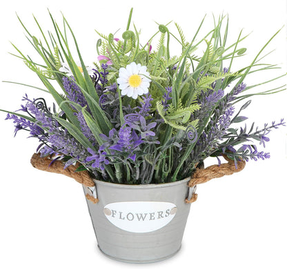 Artificial Lavender Plant 10" Purple Flowers with Orange Daisy in Galvanized Pot - Farmhouse Decor for Home Living Room Bedroom Bathroom Coffee Table
