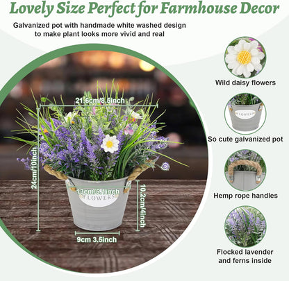 Artificial Lavender Plant 10" Purple Flowers with Orange Daisy in Galvanized Pot - Farmhouse Decor for Home Living Room Bedroom Bathroom Coffee Table